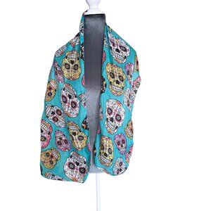 Colorful Sugar Skull Printed Turquoise Infinity Scarf With Day Of The Dead Desig